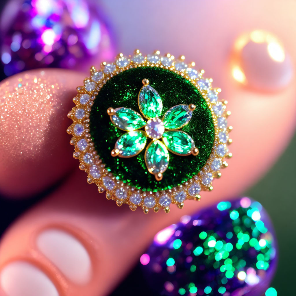 Glittery Green Nail Art with Jewel-Encrusted Flower Design