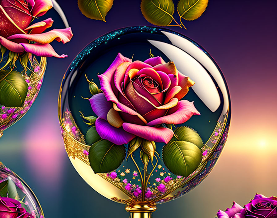 Colorful digital artwork: multicolored rose in glass sphere on blurred background