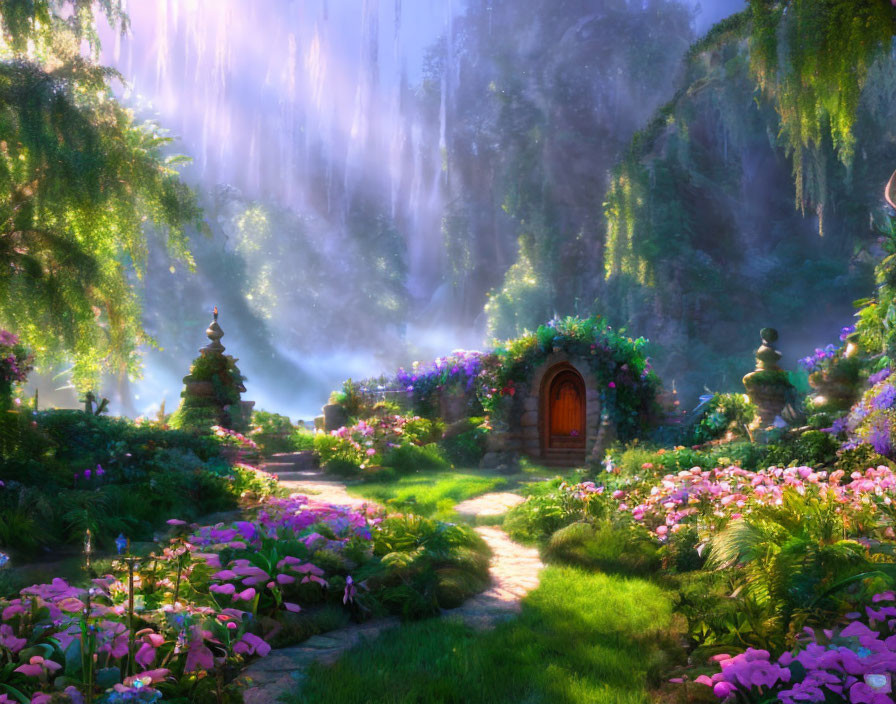 Vibrant flower garden with stone pathway and waterfall