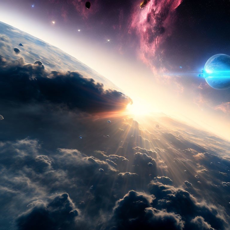 Colorful cosmic scene: sun, planet, clouds, celestial bodies, nebula