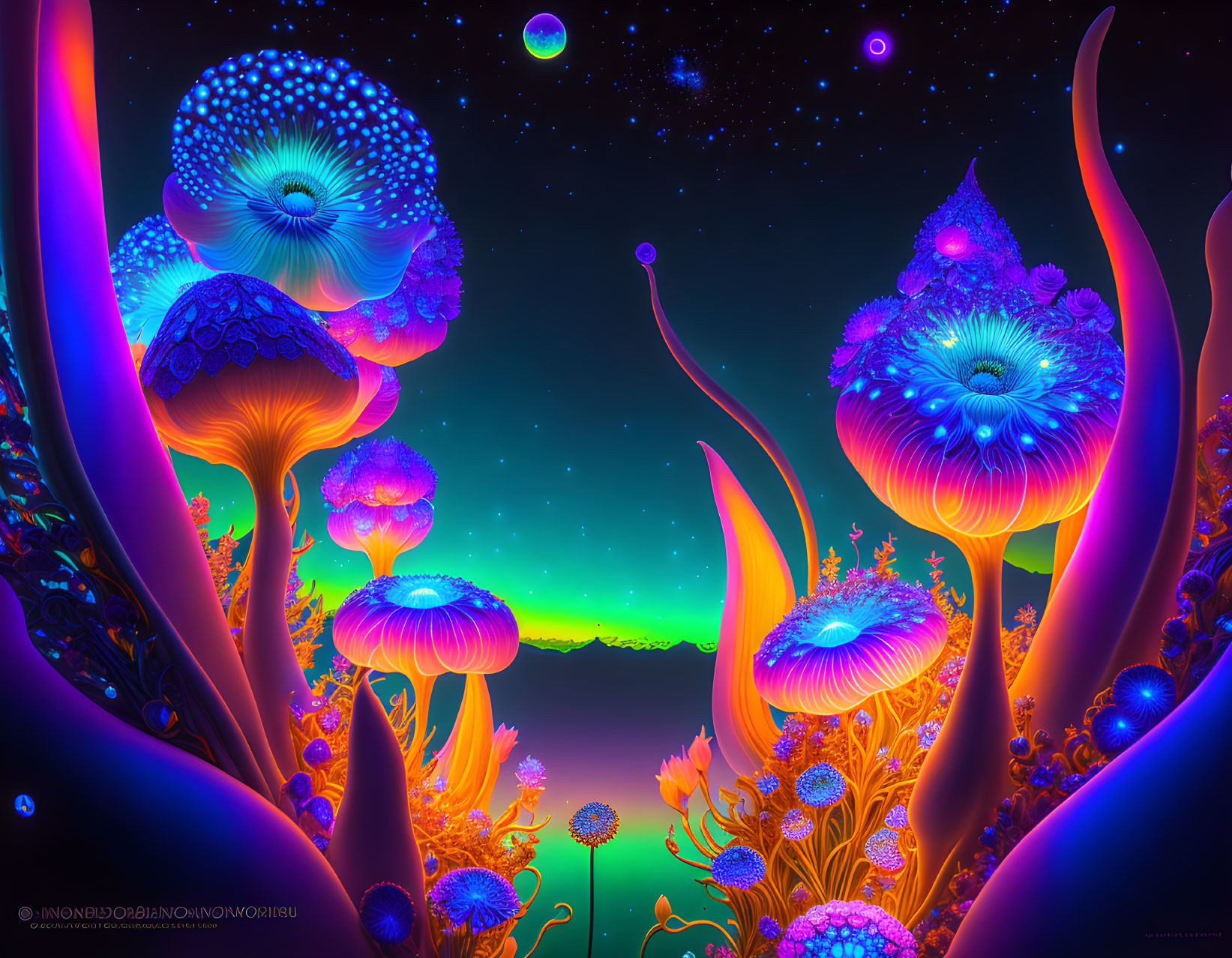 Fantasy landscape with luminescent mushrooms and starry sky