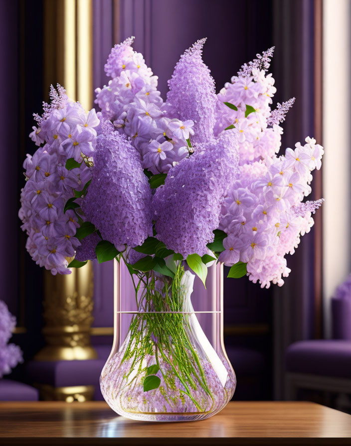 Purple lilac blooms in clear glass vase with elegant purple drapes