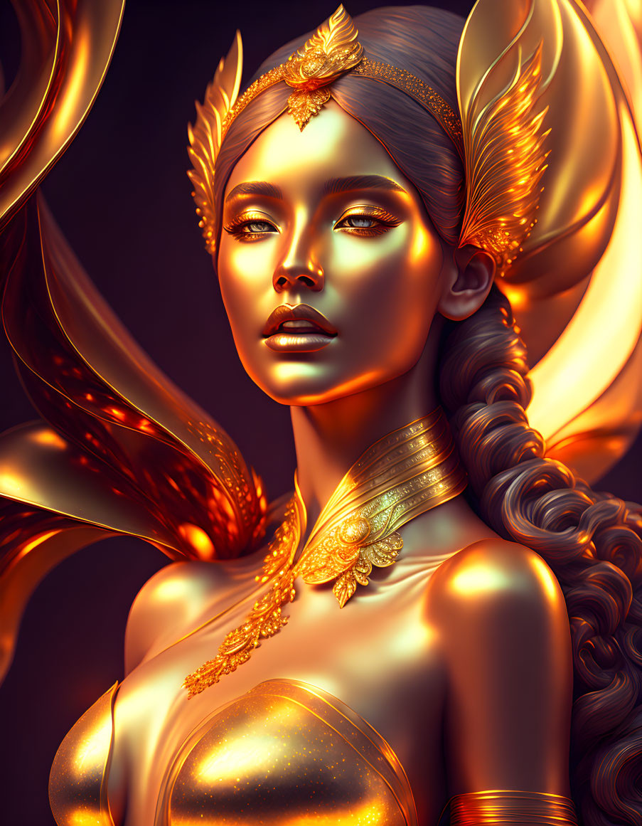 Golden-skinned woman with intricate headdress and jewelry in warm ambiance