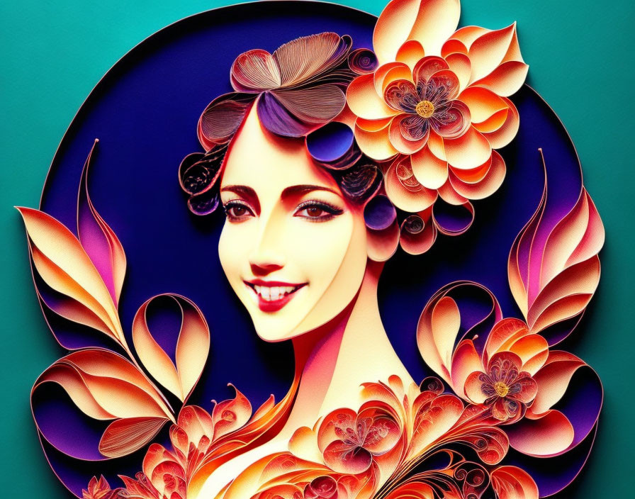 Colorful Stylized Portrait of Smiling Woman with Floral Designs