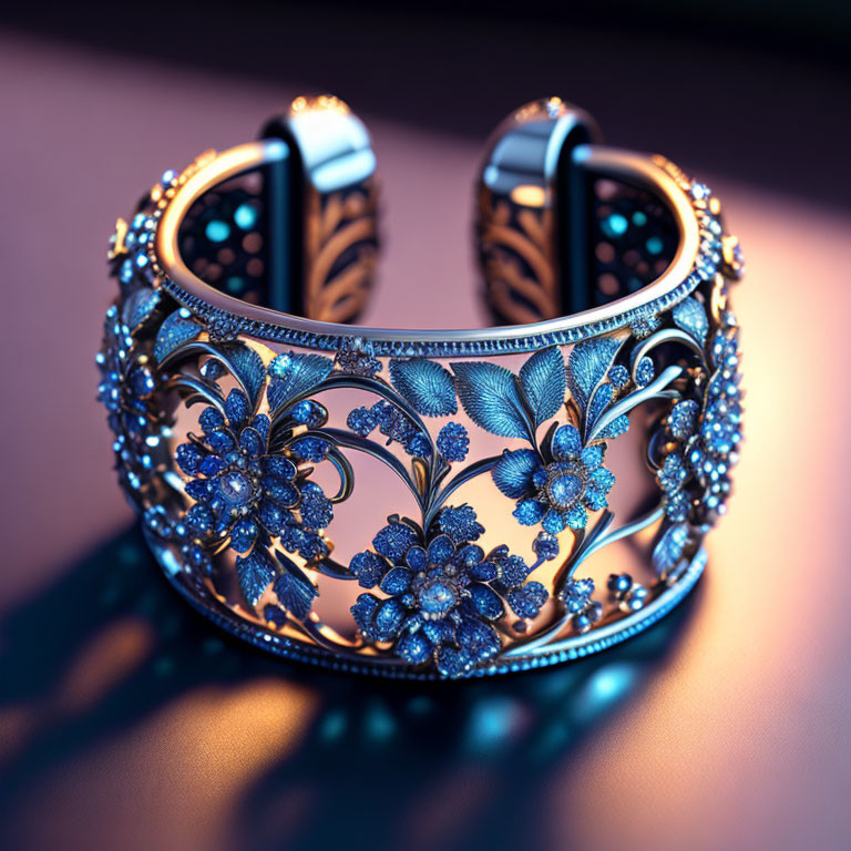 Floral-Patterned Metal Bracelet with Blue Gemstone Accents