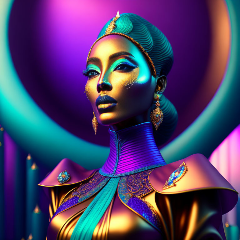 Digital art portrait of woman in golden and blue attire with intricate jewelry on neon-lit background