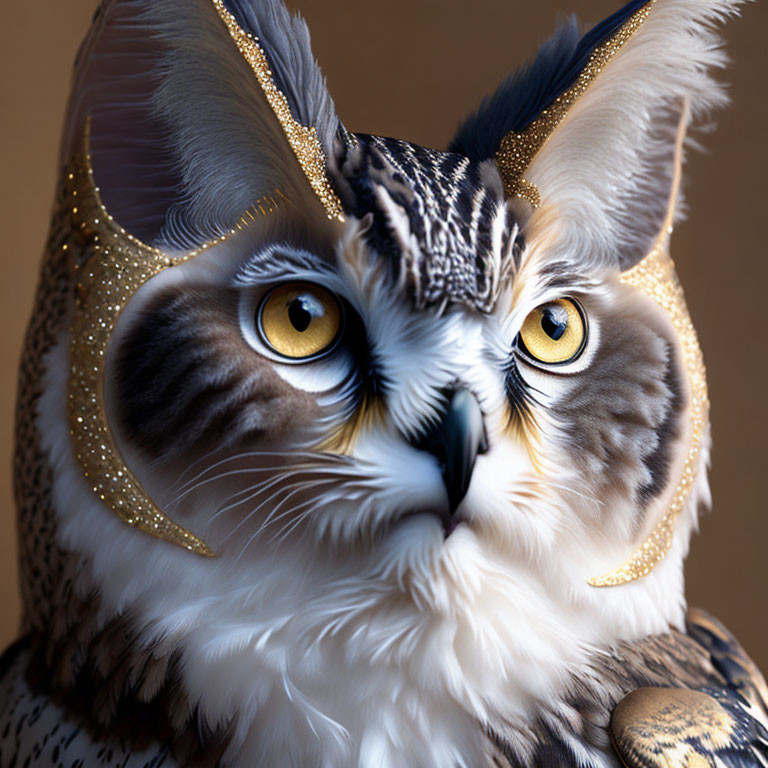 Artistic rendition of owl with cat's eyes and golden headdress