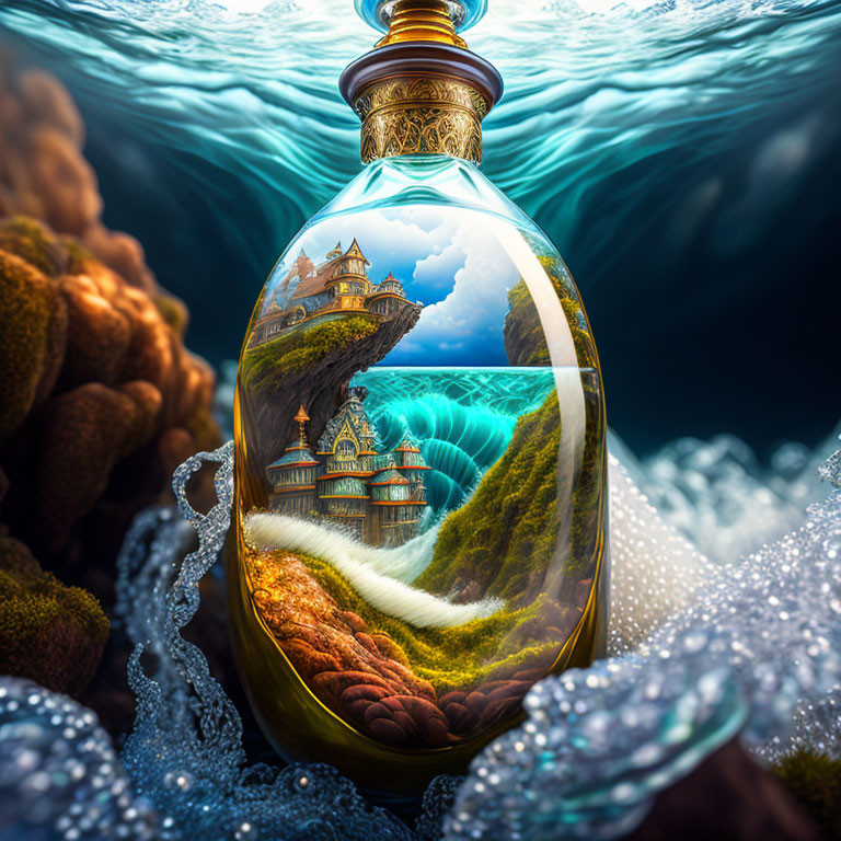 Fantastical landscape in intricately designed bottle