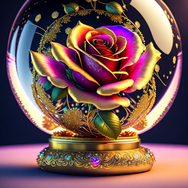 Multicolored rose in transparent orb with golden details on embellished base