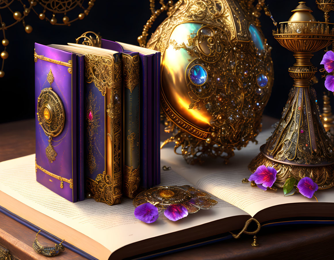 Intricate Purple and Gold Books with Jeweled Objects and Golden Egg