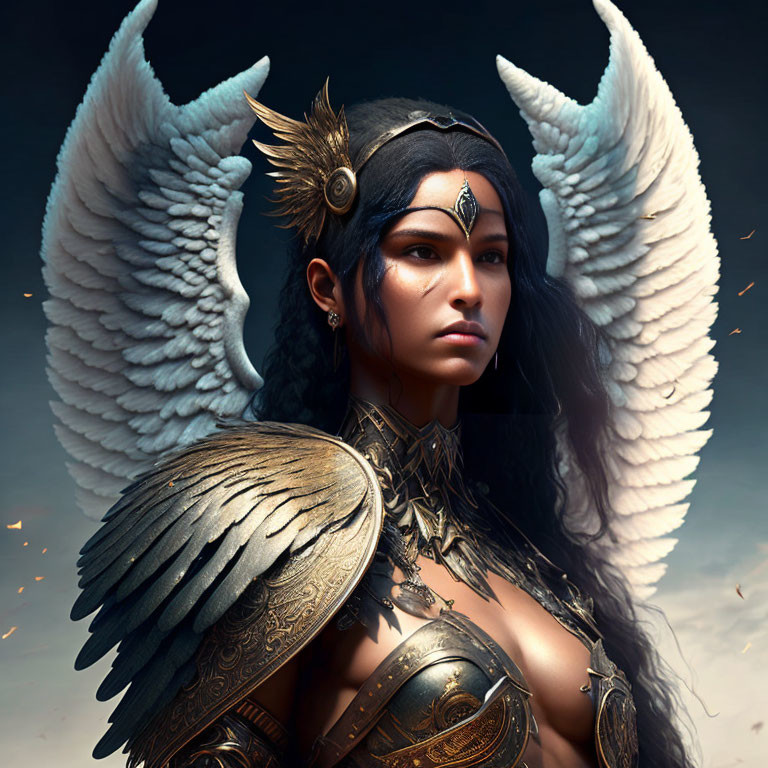 Dark-haired woman in golden armor with white wings on dark background.