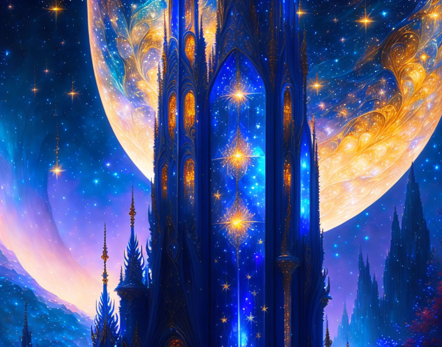 Fantasy landscape featuring towering spires and cosmic galaxies.