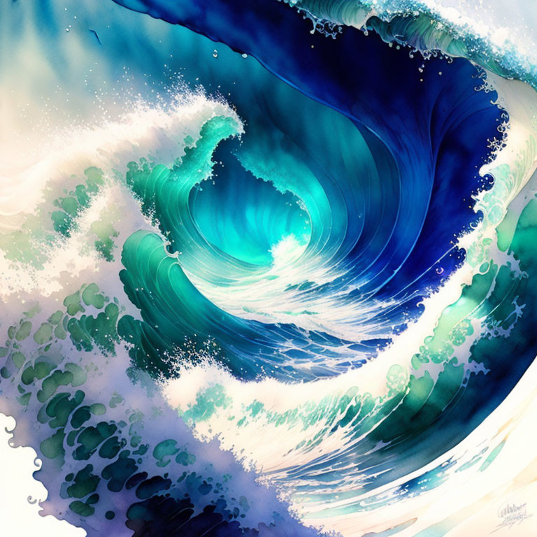 Ocean Wave Illustration in Blue and Teal with White Foam
