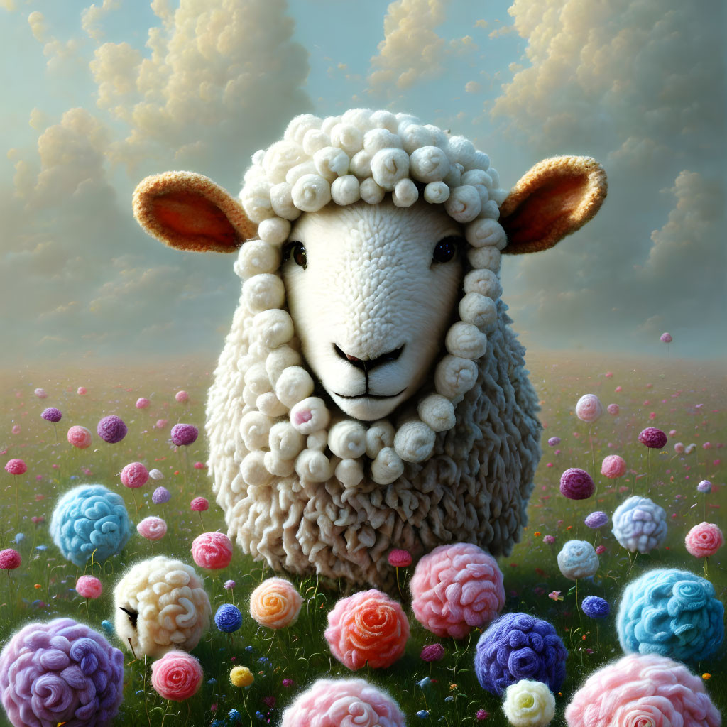 Fluffy spiral-textured wool sheep in colorful yarn field
