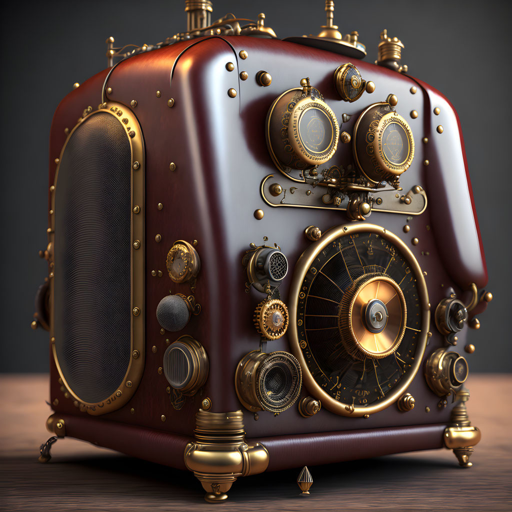 Steampunk device with dials, gauges, and tubes in brass and burgundy design