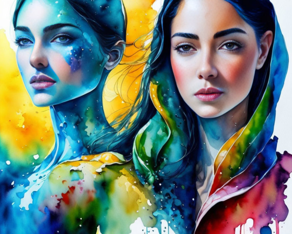 Colorful Watercolor Painting of Two Women's Faces in Abstract Background