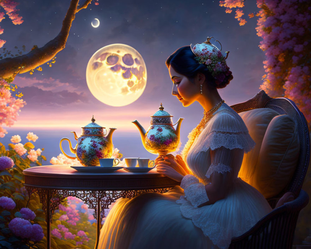 Vintage-dressed woman at table under moonlit sky with teapots and blossoming trees
