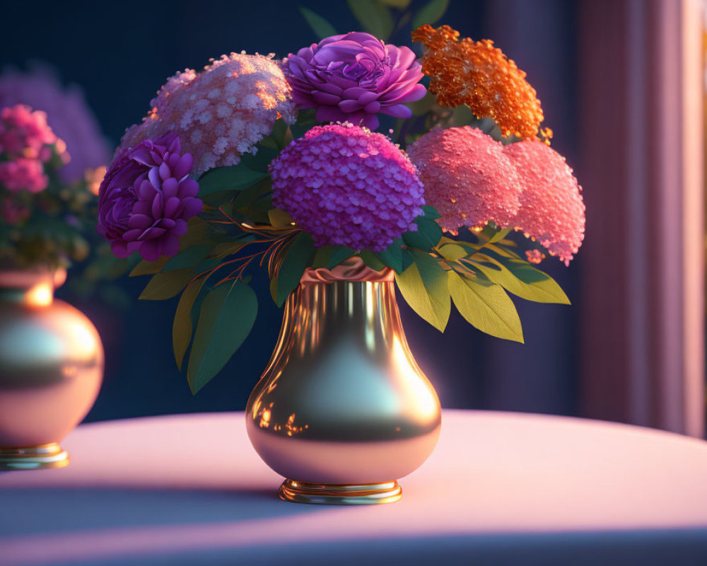 Colorful Flower Bouquet in Gold Vase with Warm Lighting
