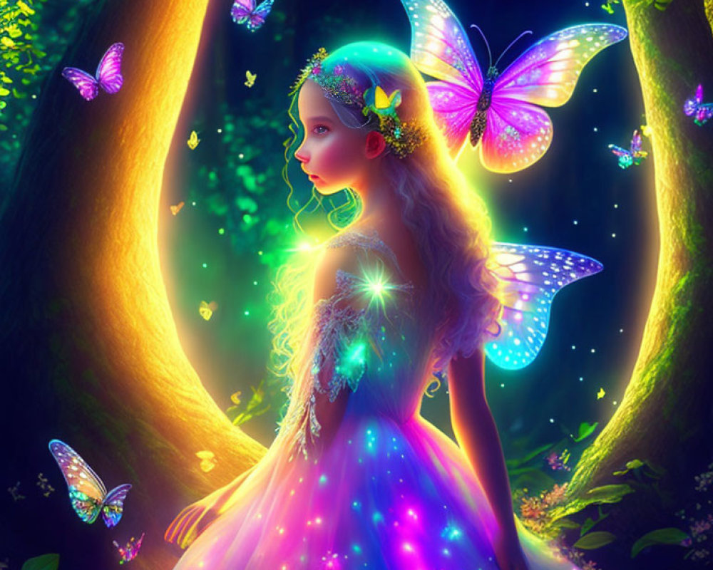 Glowing fairy with butterfly wings in luminescent forest