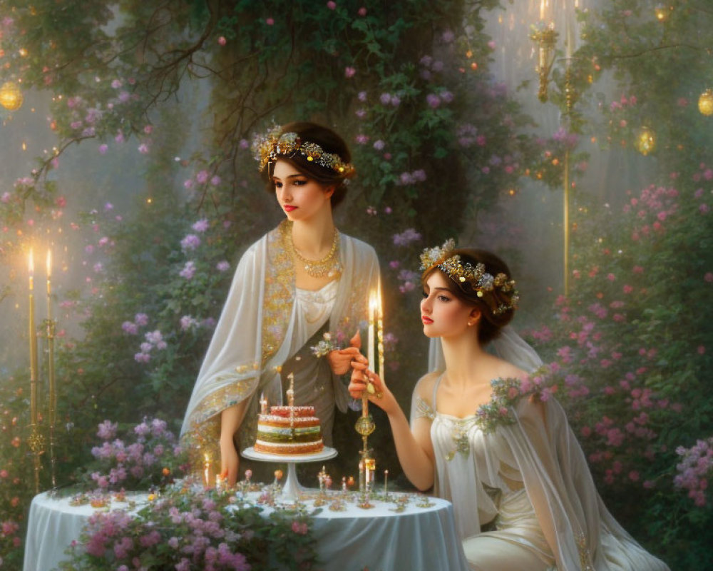 Women in classical attire with wreaths near cake and candles in misty, flower-filled setting