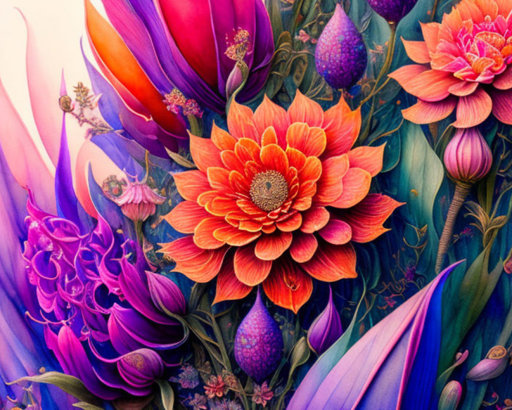 Colorful Floral Artwork with Orange Flower and Detailed Petals
