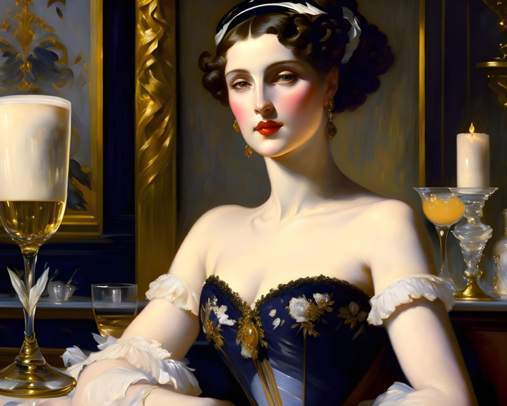 Vintage Ball Gown Woman with Tiara, Champagne, and Candle at Luxurious Table