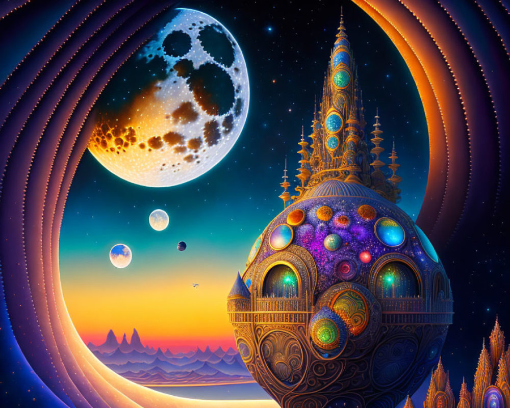 Detailed digital artwork of ornate spire on alien planet with moons in starry sky