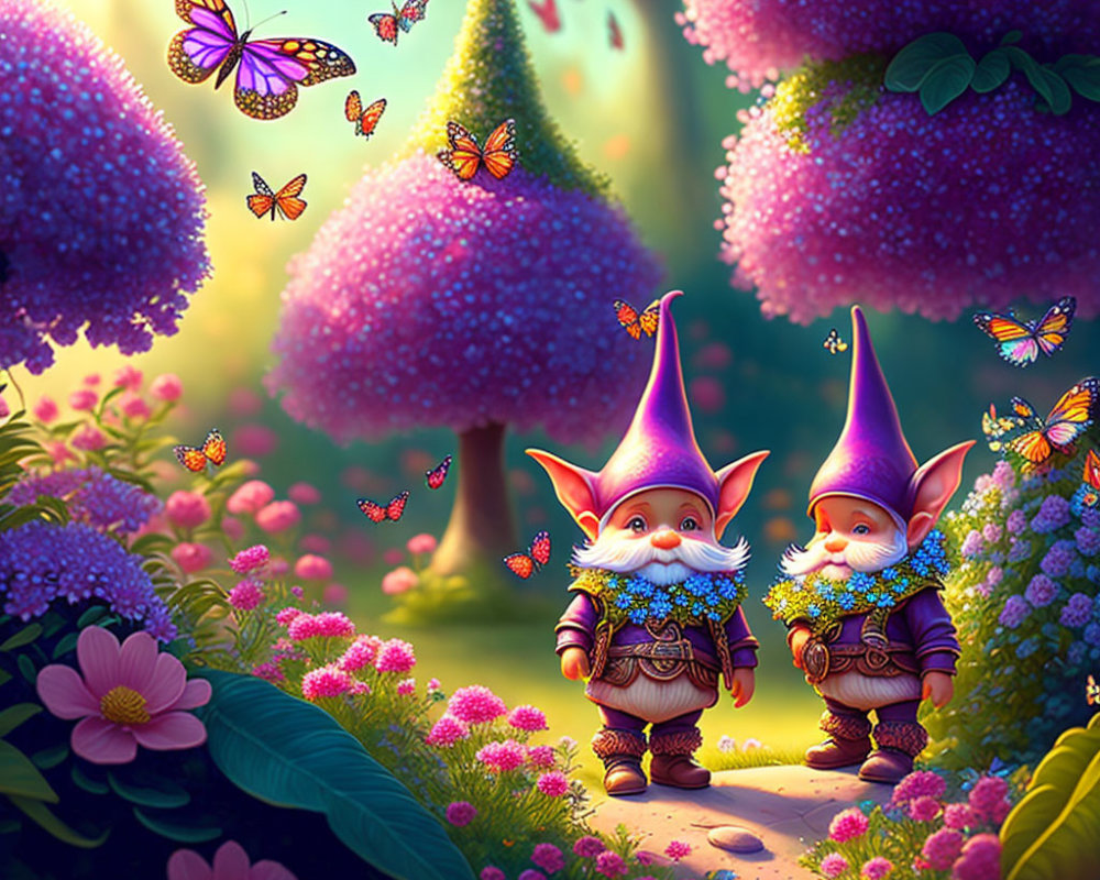 Whimsical garden gnomes with vibrant flowers and butterflies