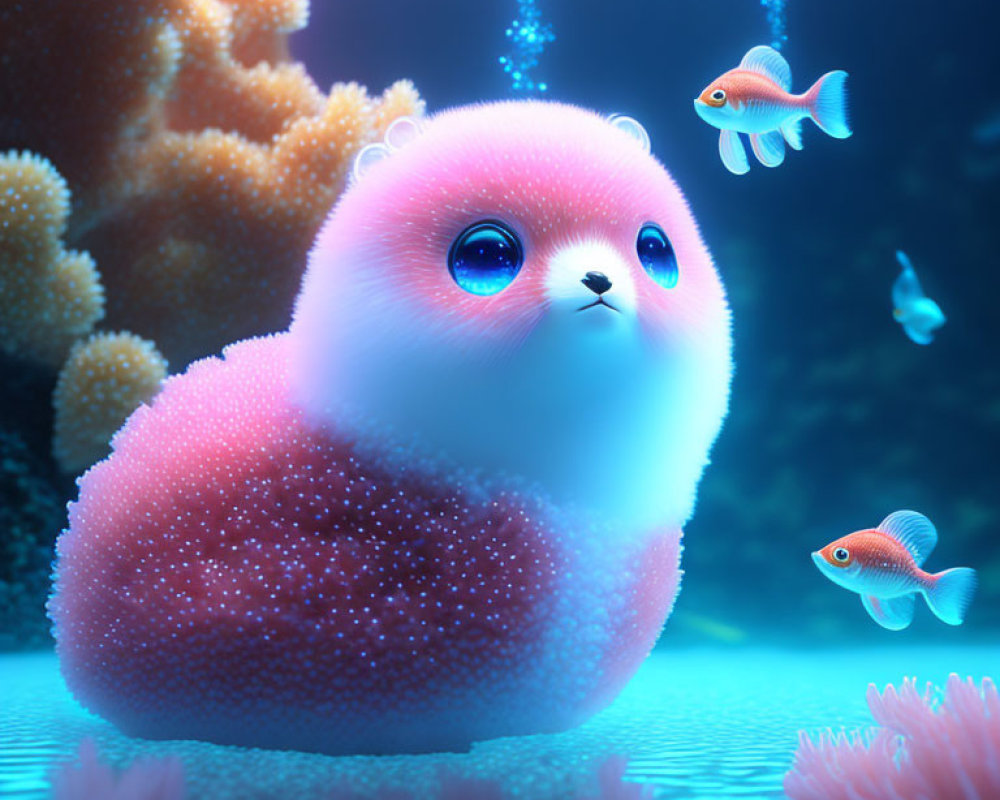 Fluffy pink and white creature among coral with fish in the sea