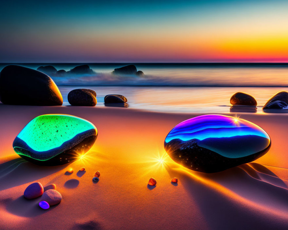 Colorful Sunset Beach Scene with Glowing Stones, Smooth Sea, and Dramatic Sky
