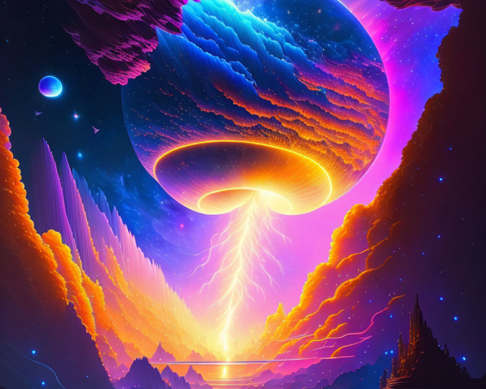 Surreal cosmic landscape with alien planet, UFO, and colorful rock formations