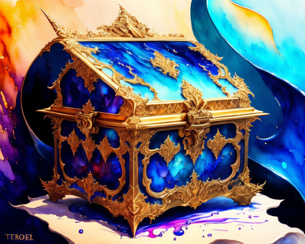 Intricate gold and cobalt blue treasure chest on abstract background