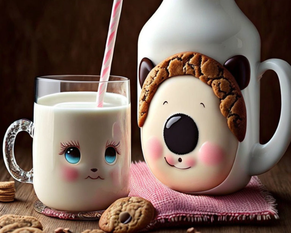 Bear-faced mug with milk, glass with striped straw, cookies, and milk bottle on wooden surface