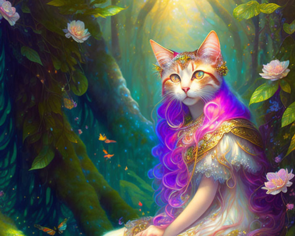 Multicolored hair humanoid cat in enchanted forest with warm light