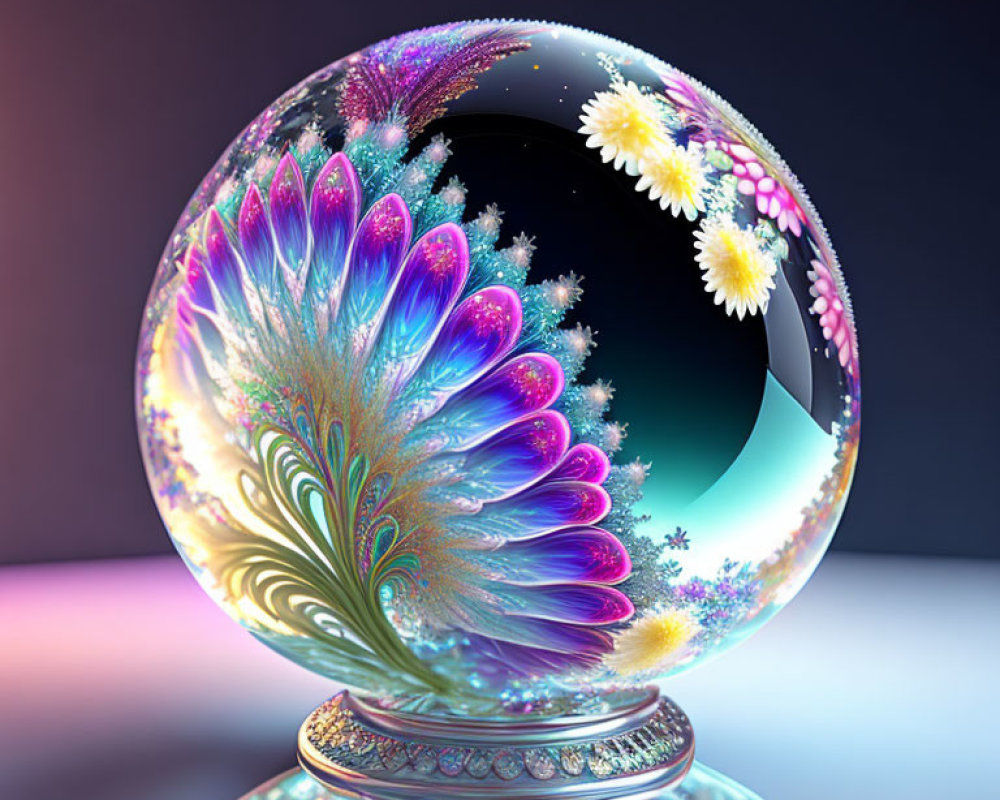 Colorful fractal art crystal ball with floral and feather patterns on defocused background
