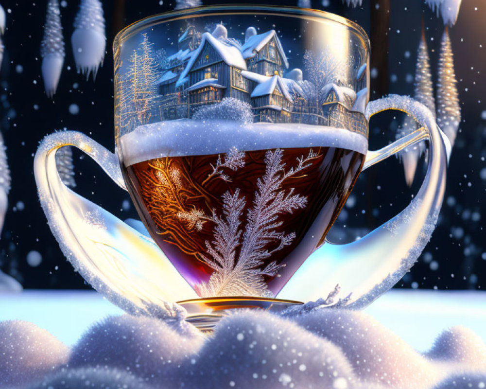 Illustration of steaming coffee cup with snowy landscape and cozy cottage on frothy top