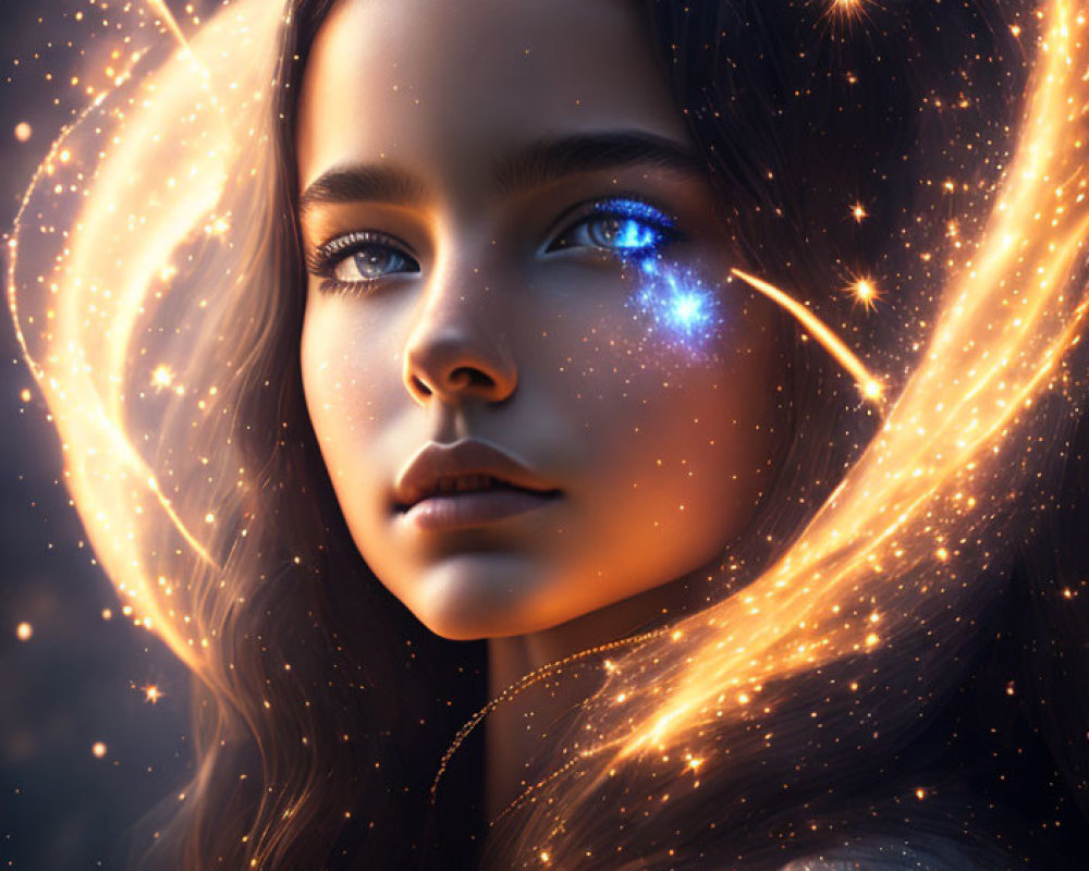 Digital portrait of girl with deep blue eyes and glowing lights in dark backdrop