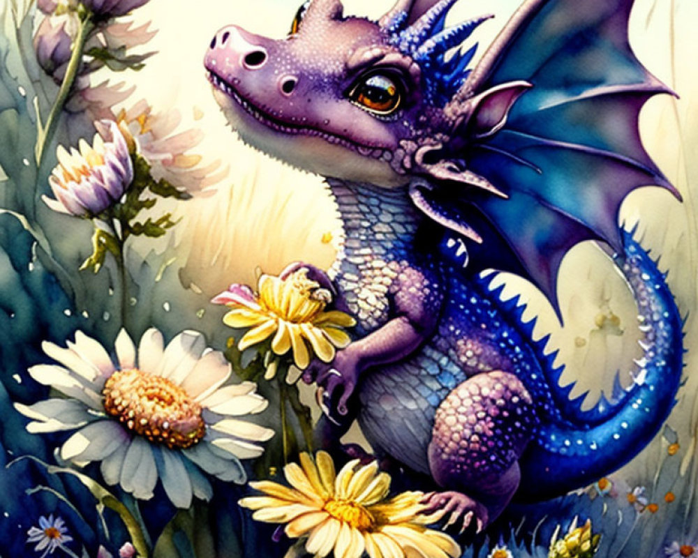 Colorful Baby Dragon Surrounded by Wildflowers