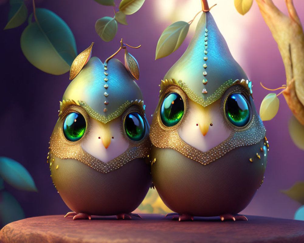 Whimsical stylized owls with expressive eyes and jewel-like decorations under a leafy branch
