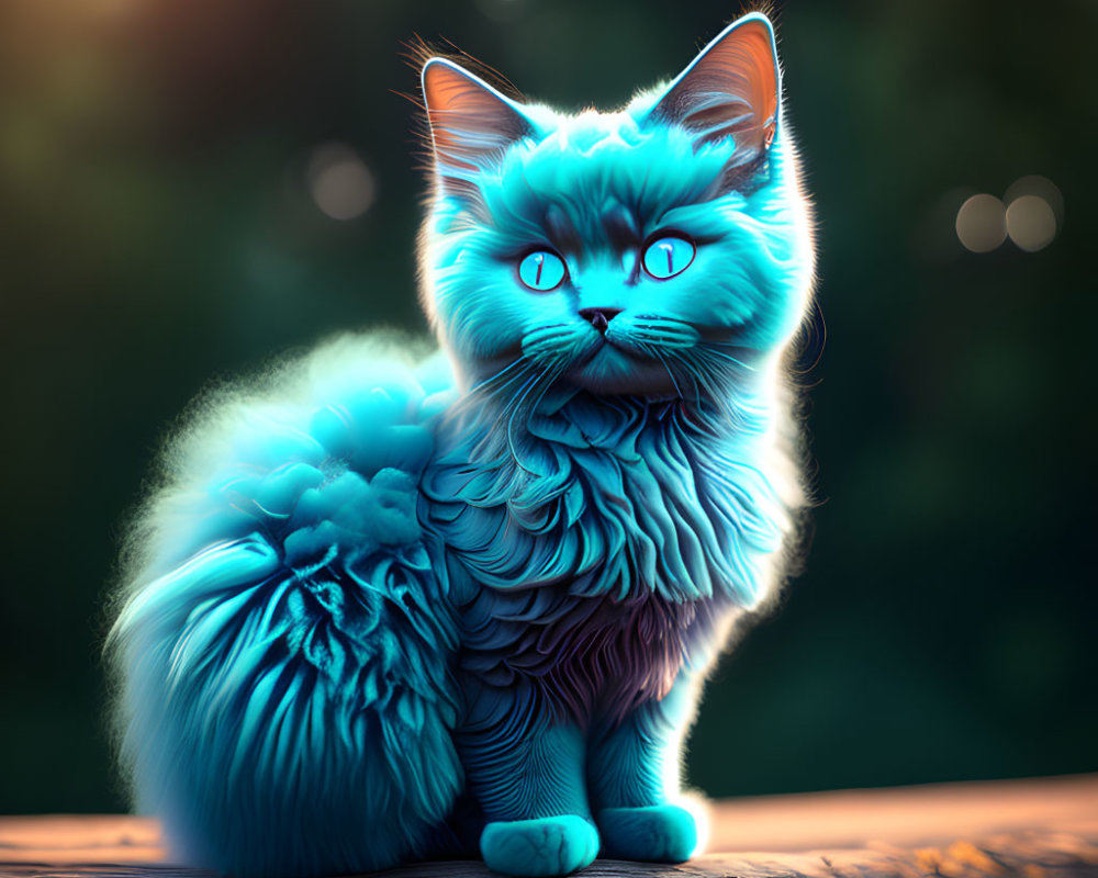 Digitally altered image: Blue fur cat on wooden surface with glowing eyes, green background