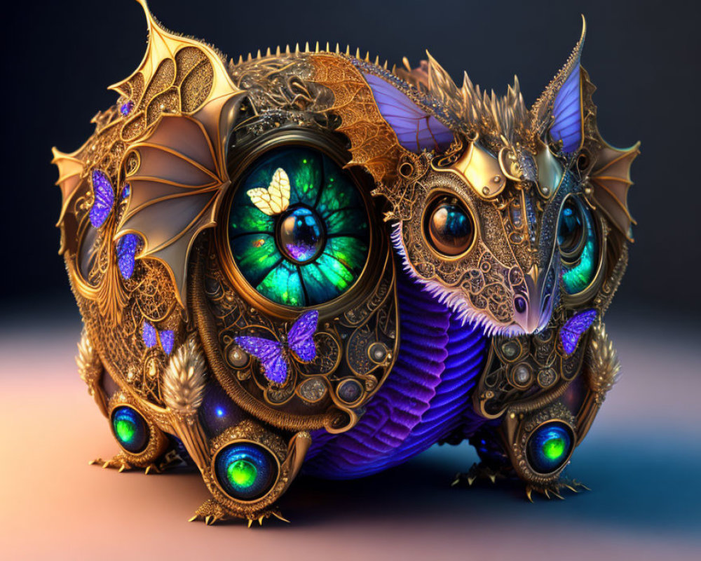 Steampunk-inspired metallic creature with glowing green eyes and butterfly motifs