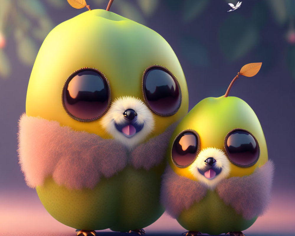 Stylized pear and owl characters with large eyes on tree background