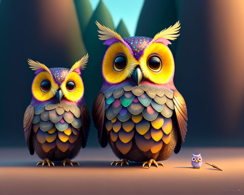 Colorful Cartoon Owls with Large Eyes in Stylized Forest Setting