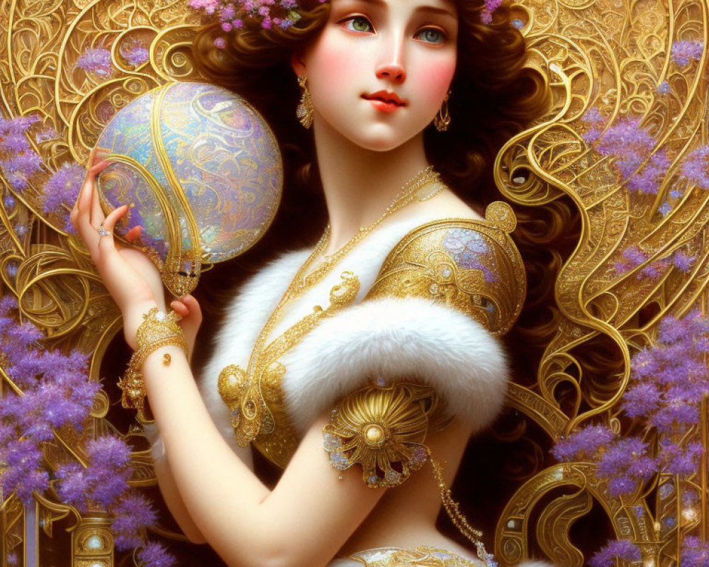 Illustration of woman with blue eyes and purple flower hair, holding ornate blue and gold egg in
