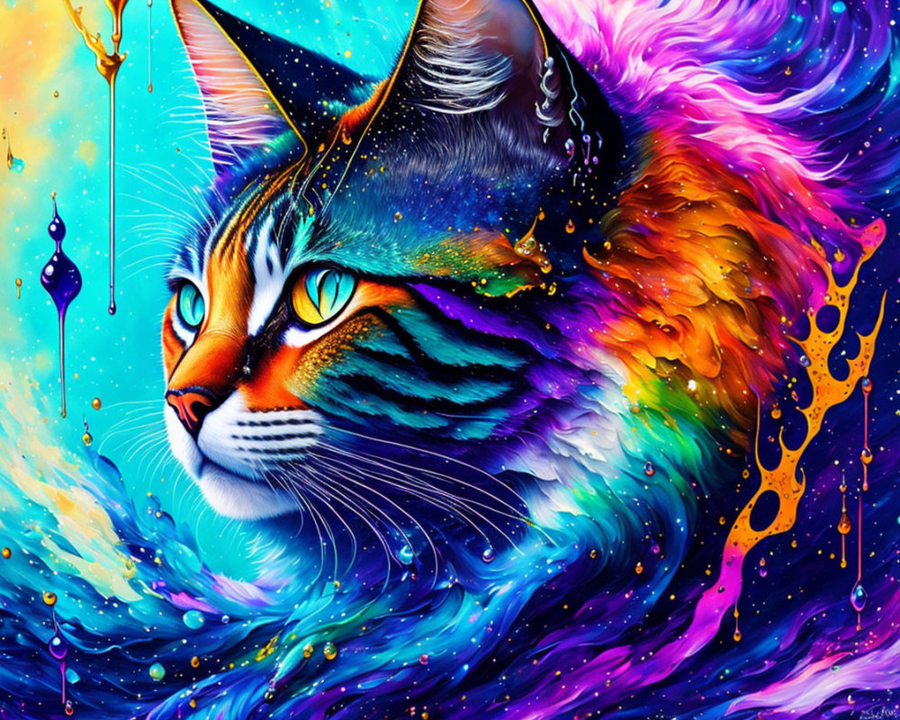 Colorful Cosmic Cat Artwork with Vibrant Swirls