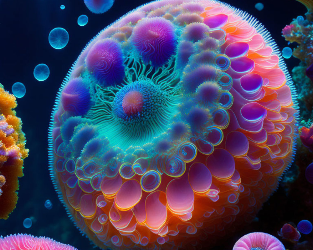 Colorful Jellyfish Surrounded by Bubbles and Coral in Marine Scene