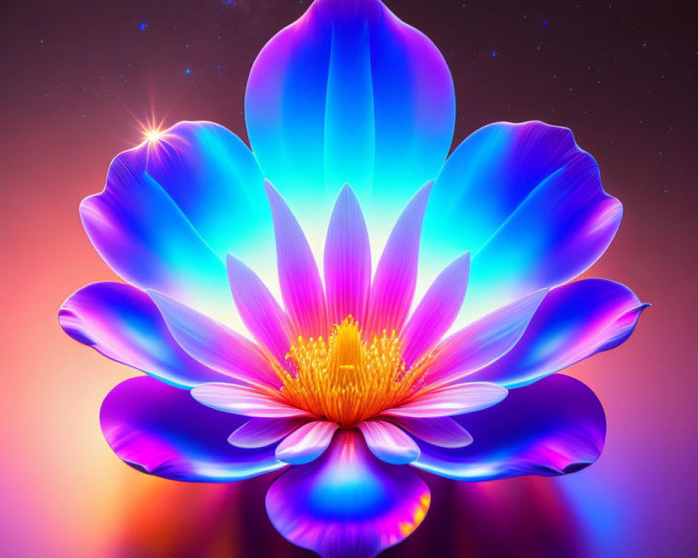 Neon-lit lotus flower artwork with cosmic background