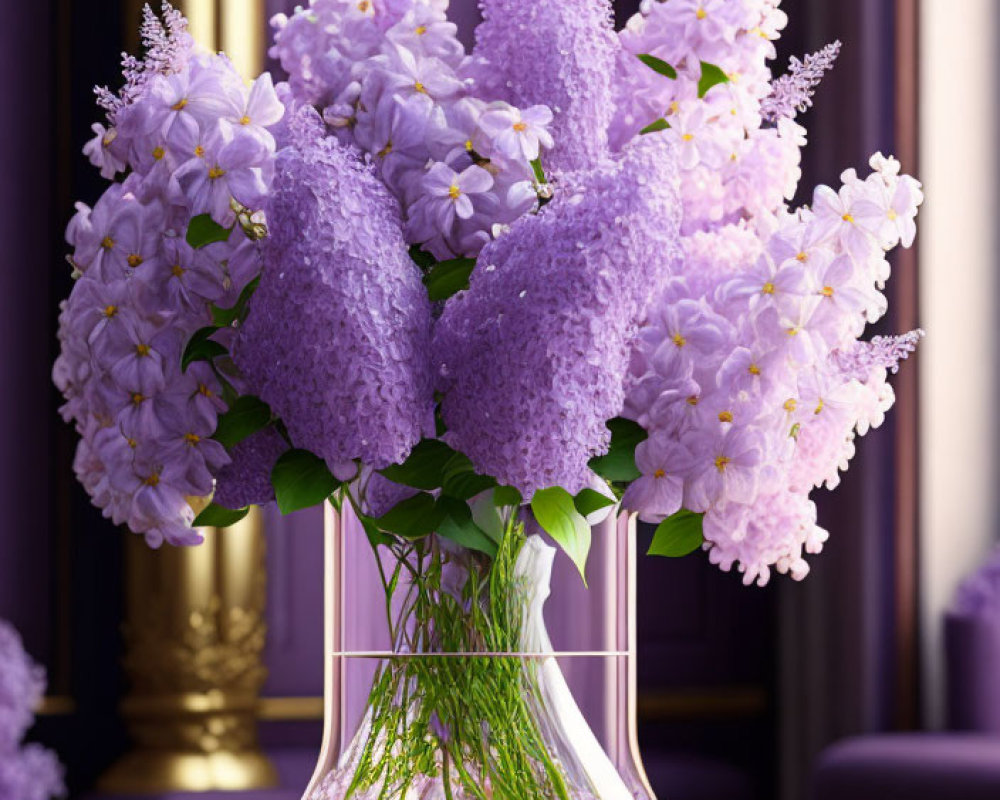 Purple lilac blooms in clear glass vase with elegant purple drapes