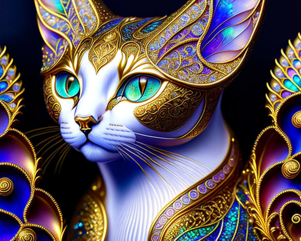 Stylized majestic cat digital artwork with gold and blue patterns