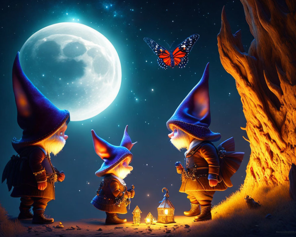 Whimsical gnomes with lanterns and glowing butterfly under full moon
